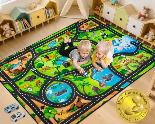 AlfabetoAcre Alfombra para Niños, 5x7 pies Alfombras de Coches Animales para Niños, Extra Gruesa (0.4 pulgadas) - Alfombra de Carretera de Zoológico