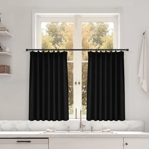 Miniatura 46 de Juego de 2 paneles de cortinas de ventana de cocina beige de 24 pulgadas de largo, con textura de lino, plisadas, filtrantes de luz, semi pequeñas