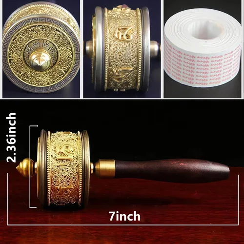 Miniatura 2 de Rueda de oración de mano de cobre con budista tibetano de seis caracteres de verdad de Buda de primera calidad, rueda de oración de mango de madera