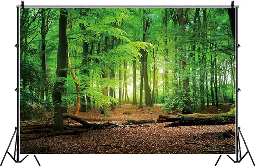 Miniatura 4 de Telón de fondo de bosque pacífico de 5 x 3 pies para fotografía, árboles verdes, fondo de sol para camping, suburbios, picnic, fiesta, decoración