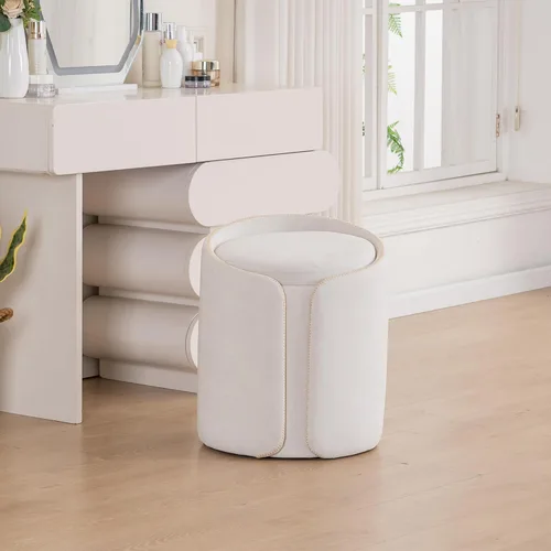 Miniatura 12 de Taburete Giratorio de Tocador con Base Dorada Cómoda Silla de Tocador Taburete Redondo Moderno para Tocador de Maquillaje Otomana de Tocador Beige