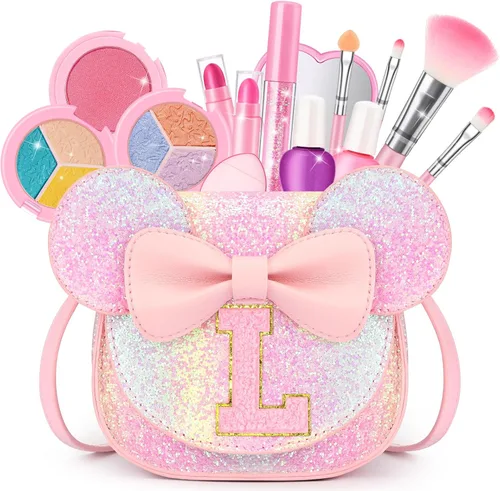 Miniatura 40 de Kit de maquillaje para niñas – Juego de maquillaje lavable real de 15 piezas – Cosmético no tóxico para niños pequeños con bolso de letras – Regalos