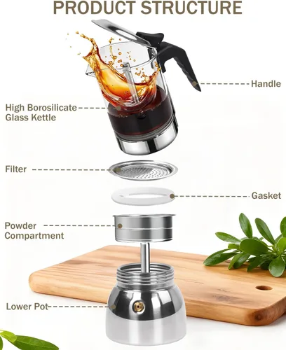 Miniatura 3 de Cafetera para estufa, cafetera de café expreso, fácil de preparar 4 tazas, 6.7 onzas, 6.8 fl oz, vidrio de borosilicato alto, acero inoxidable