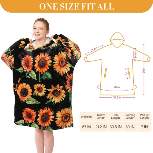 Miniatura 3 de LetsFunny Manta con Capucha, Sudadera Manta de Forro Polar Sherpa de Gran Tamaño Usable, Súper Suave Cálida y Acogedora con Bolsillo Gigante, Girasol