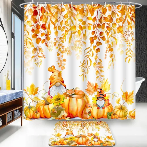 Miniatura 5 de Lutto Cortina de ducha de otoño para baño, juego de baño de otoño con cortina de ducha y alfombras, cortinas de ducha de calabaza de Acción