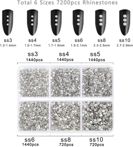 Miniatura 4 de Beadsland 7200 piezas de diamantes de imitación con parte trasera plana, gemas redondas de diamantes de imitación de cristal transparentes para uñas