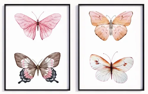 Arte de pared de mariposas, impresiones de acuarela de mariposas, decoración rosa, juego de 2, 8 x 10, sin marco