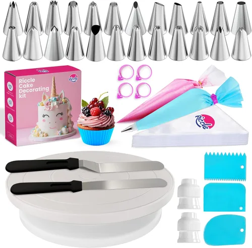 Riccle Kit de decoración de pasteles de 94 piezas con plato giratorio para pasteles - Incluye 50 piezas de bolsas de repostería desechables de 16