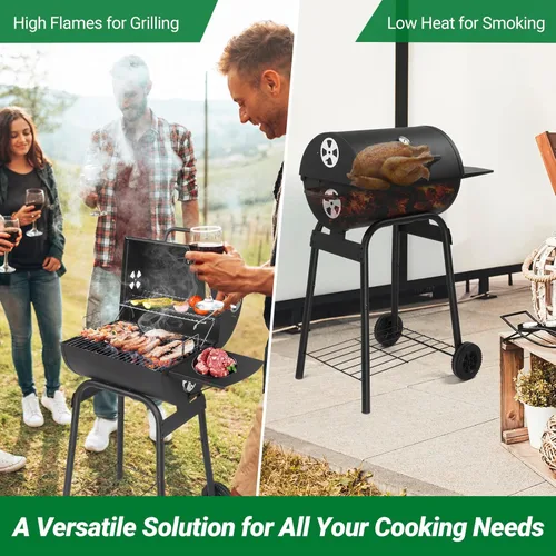 Miniatura 7 de Outvita Asador de carbón en barril con rejilla para calentar, parrilla de barbacoa al aire libre con mesa lateral delantera con amplia área