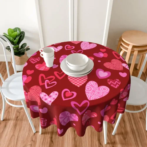 Miniatura 6 de Sweetshow Mantel redondo para el día de San Valentín de 60 pulgadas, rústico, romántico, rosa, rojo, corazón, estampado de corazón, con decoración