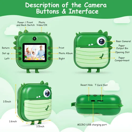 Miniatura 3 de Ainiv Cámara de impresión instantánea para niños, cámara dual 1080P con papeles de impresión y 5 bolígrafos de color, tarjeta SD de 32 GB, regalo