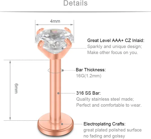Miniatura 2 de SCERRING Anillos de labios de 16G con circonita cúbica transparente, Labret Monroe, anillo para labios, tragus, uñas, hélice, piercing de perno