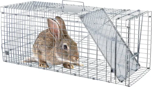 Miniatura 6 de ANT MARCH Trampa de jaula de animales vivos de 32 x 11.5 x 13 pulgadas, puerta de hierro de liberación humana para conejos, gatos callejeros