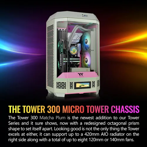 Miniatura 2 de Thermaltake Torre 300 Edición de Verano Matcha Plum Micro-ATX; Incluye 2 ventiladores CT de 140mm; Soporta hasta un radiador de 420mm; Capaz