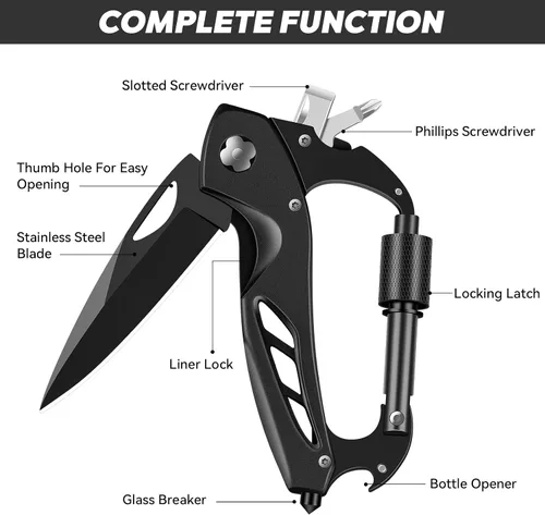 Miniatura 3 de Herramienta múltiple con mosquetón con cuchillo de bolsillo, equipo de supervivencia para camping y senderismo, llavero con mosquetones EDC