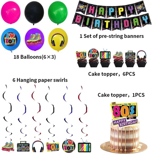 Miniatura 3 de Decoraciones de fiesta de cumpleaños de los años 80, cartel de feliz cumpleaños de los 80, retro para fiesta, espirales colgantes, globos de hip