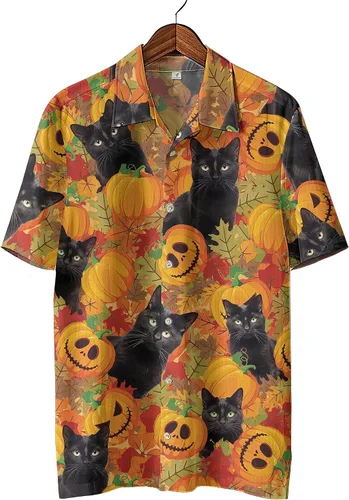 Miniatura 2 de Camisa hawaiana de gato negro para hombre, camisa de noche de Halloween, camisa de manga corta con botones (MP_HW_66)