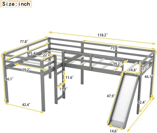 Miniatura 2 de Merax Cama doble tipo loft de tamaño individual con tobogán y escalera, marco de cama de madera en forma de L con barandilla de longitud completa
