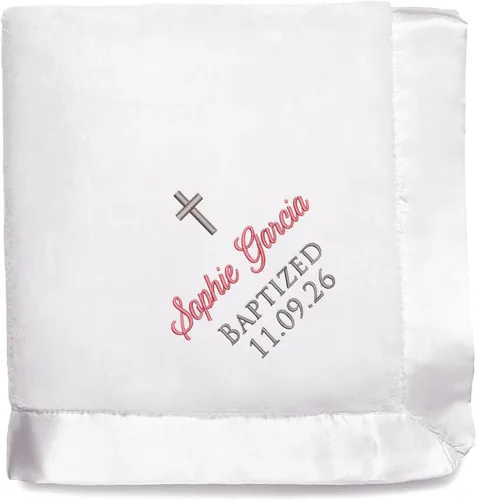 Lifetime Creations Manta personalizada de bautismo para bebés: manta de bautizo blanca bordada personalizada, regalos de bautismo para niños y