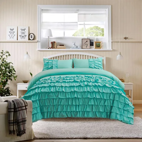 Miniatura 10 de Holawakaka Juego de edredón con volantes en cascada de color azul claro, juego de ropa de cama con volantes estilo shabby chic para niñas, mujeres