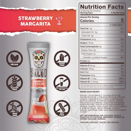 Miniatura 4 de Salud 2-en-1 Polvo de Bebida Energética + Enfoque, Margarita de Fresa, Cafeína Orgánica, B6 + B12, Teanina, Paquetes de Bebida Energética Limpia