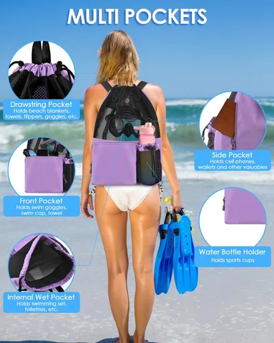 Miniatura 5 de BROTOU Mochila de playa para natación con bolsillo húmedo de malla y cordón, bolsas para nadar, gimnasio Púrpura
