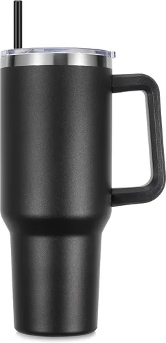 DOMICARE Vaso de 40 oz con asa y pajita, vaso de acero inoxidable con tapa y pajita, reutilizable, aislado al vacío, taza para café de viaje, color