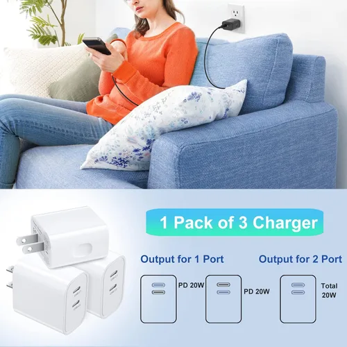 Miniatura 5 de Costyle - Cargador de pared USB C [3 unidades], bloque de carga doble USB C de 20 W, enchufe de pared rápido C, bloque de carga tipo C para iPhone