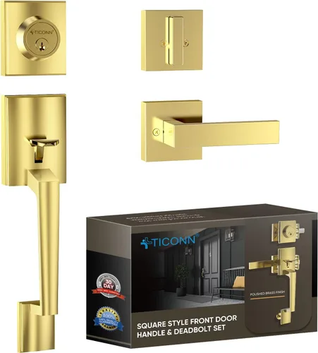 Miniatura 12 de TICONN Juego de manijas para puerta doble delantera, palanca de puerta cuadrada resistente y cerrojo de cilindro único combinado para puertas Bronce