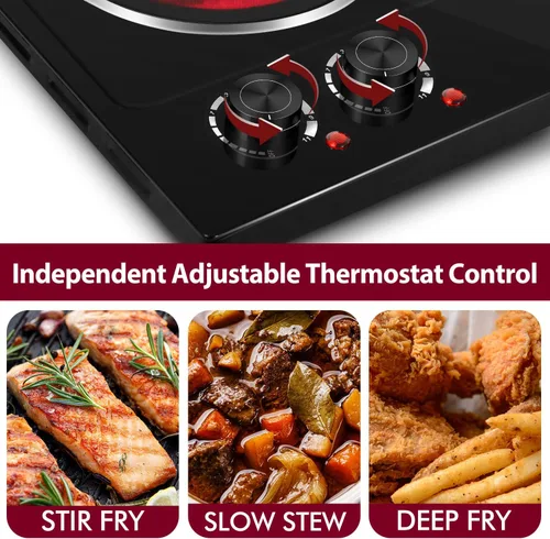 Miniatura 4 de CUSIMAX Doble quemador, placa eléctrica de cerámica de 1800 W para cocinar, estufa infrarroja de doble control, quemador portátil de encimera, placa