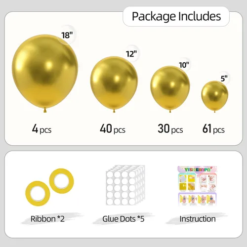 Miniatura 2 de Kit de arco de globos dorados metálicos de 135 piezas de diferentes tamaños de 18, 12, 10, 5 pulgadas, kit de arco de globos dorados cromados