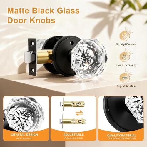 Miniatura 3 de Gobrico Pomo de puerta de cristal para dormitorio y baño con roseta clásica negro mate, diamante transparente octogonal para puerta interior, 1