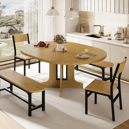 Miniatura 10 de iPormis Juego de mesa de comedor redonda de 5 piezas para 4-6, juego de mesa de comedor extensible de 59 pulgadas con 2 sillas ergonómicas y 2 Blanco