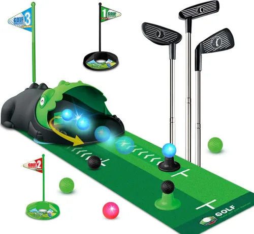 TERRAMUS Juego de golf para niños mejorado con dinosaurio de retorno automático de golf, bolas de golf nocturnas con luz LED, 3 palos, tapete de
