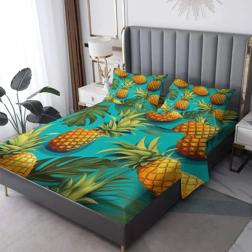 Juego de sábanas de piña tamaño California King, sábanas de frutas tropicales, sábanas y fundas de almohada estampadas de 4 piezas, sábana bajera