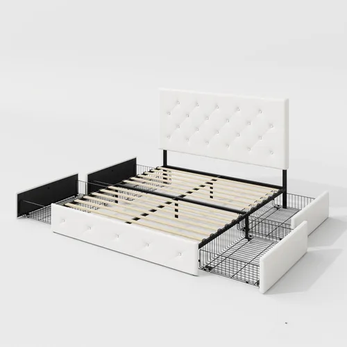 Miniatura 9 de Allewie - Base de cama con plataforma tapizada tamaño Queen, con 4 cajones de almacenamiento y cabecera, botón cosido en forma de diamante, base