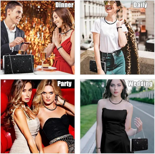 Miniatura 5 de Kigeli 4 Pieces Women Rhinestone Evening Clutch Bag Bling Earring Necklace Bracelet for Wedding Graduation Prom