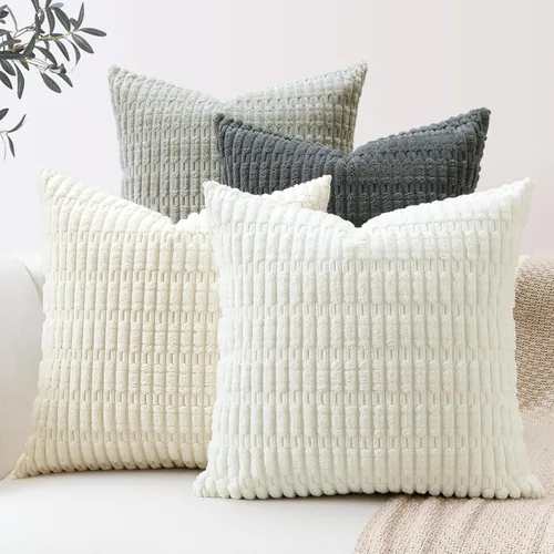 Miniatura 10 de OTOSTAR Juego de 4 fundas de almohada decorativas de pana suave de 16 x 16 pulgadas, fundas de almohada cuadradas a rayas bohemias para decoración