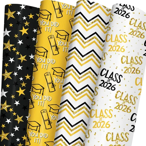 WAPLIGHAL Papel de regalo de graduación para clase de 2026 – Gorras de graduación, diplomas, estrellas y lo hiciste en negro, color dorado, papel de
