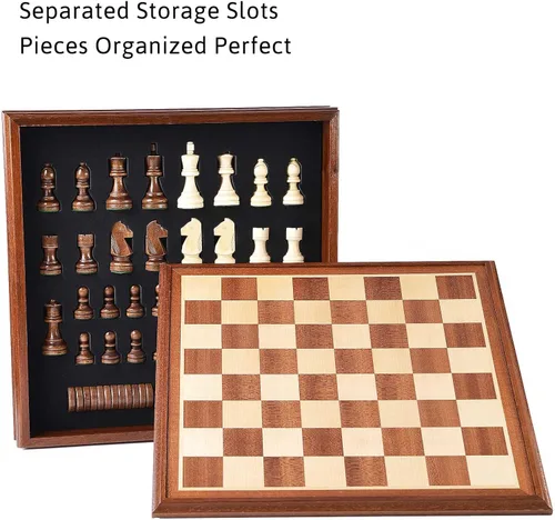 Miniatura 4 de VAMSLOVE Juegos de mesa de ajedrez y damas para adultos, tablero de madera de lujo de 15 pulgadas con caja de almacenamiento, tamaño grande clásico