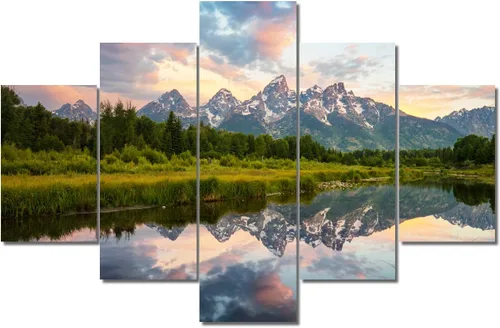 Miniatura 36 de TUMOVO Lienzo decorativo para pared de sala de estar, 5 paneles de naturaleza, Alaska, Estados Unidos, autopista alrededor de montañas, paisaje