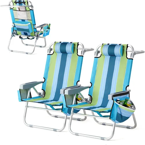 Miniatura 13 de VINGLI Silla de Playa Alta Paquete de 2 Ligera, Silla de Playa Tipo Mochila para Adultos con 5 Posiciones, Bolsa Refrigeradora, Portavasos, Barra
