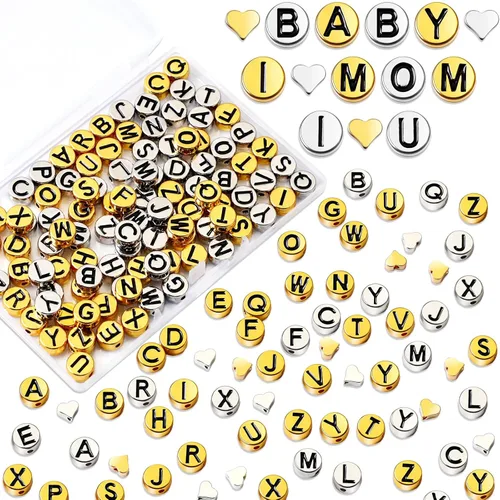 Miniatura 8 de Sureio 114 piezas de cuentas de letras del alfabeto de aleación 8 mm planas redondas con letras de la A a la Z, cuentas de metal chapado con inicial