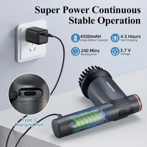 Miniatura 7 de Limpiador eléctrico giratorio, limpiador de ducha de baño con pantalla LCD, limpiador eléctrico de 2 velocidades para limpieza con 6 cabezales
