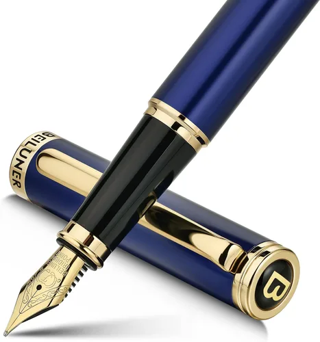 Miniatura 25 de BEILUNER Pluma estilográfica azul, impresionantes plumas de lujo con acabado de oro de 24 quilates, hermosa plumilla dorada de 24 quilates