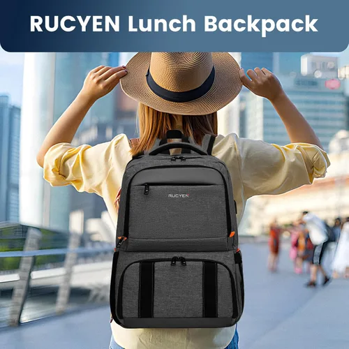 Miniatura 5 de Mochila de almuerzo, mochila con aislamiento térmico para hombres y mujeres, mochila para portátil con protección RFID y puerto USB, Negro, 15,6
