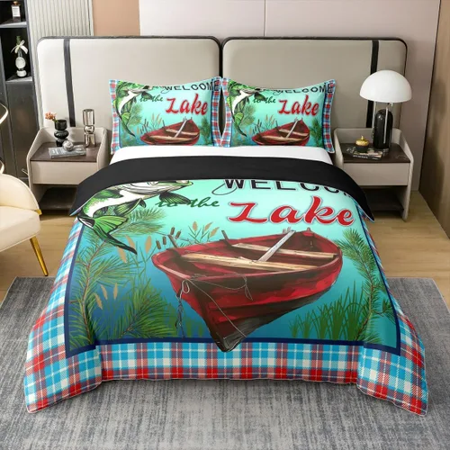Miniatura 27 de Lake House - Funda de edredón 100 % algodón, tamaño individual, diseño de paisaje de lago y montaña, dibujado a mano, decoración de habitación