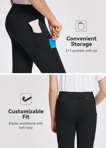 Miniatura 41 de baleaf Pantalones de equitación para niñas, pantalones ecuestres para niños, con parche en la rodilla, bolsillo con cremallera