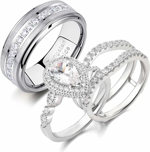 Newshe Jewellery Juego de anillos de boda para él y ella, anillos de promesa AAAAA para parejas, mujeres, hombres, banda en forma de pera, talla 5-13