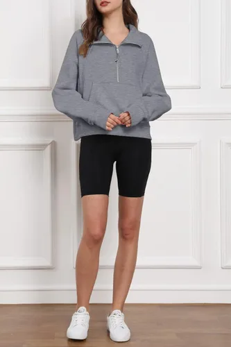 Miniatura 5 de Trendy Queen Sudadera corta con media cremallera para mujer, sudadera de forro polar con cremallera de un cuarto, ropa de invierno, suéter